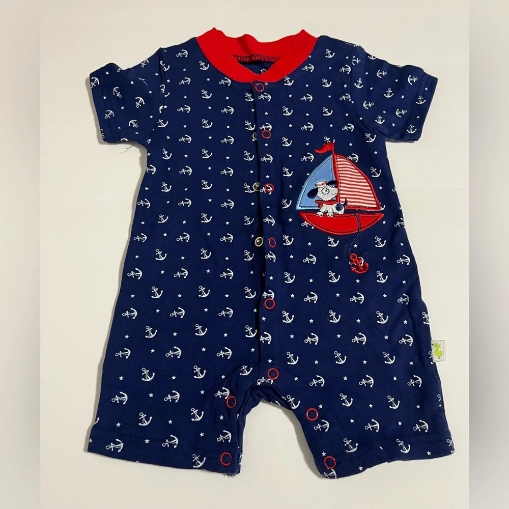 Duck Duck Goose Nautical Baby Romper Set 3-6M Sailboat & Dog Cotton
